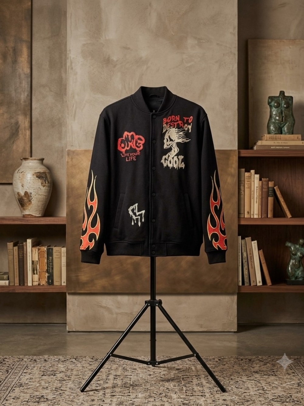 Black Flame-Graphic Lightweight Shirt Jacket